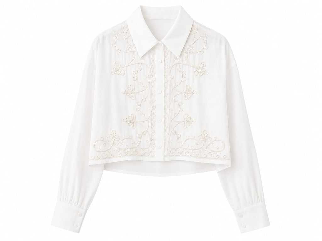 Women embroidered cropped shirt-ivory white