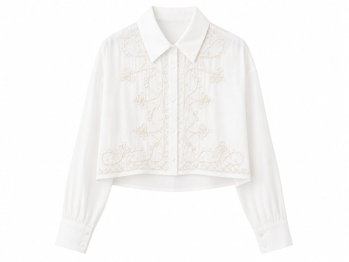 Women embroidered cropped shirt-ivory white