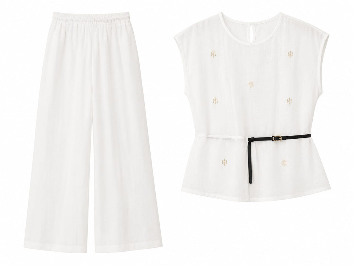 White embroidered blouse&wide-leg pants co-ord set