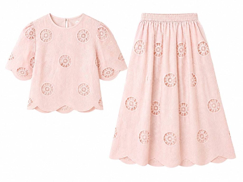 Blush embroidered top & midi skirt co-ord set