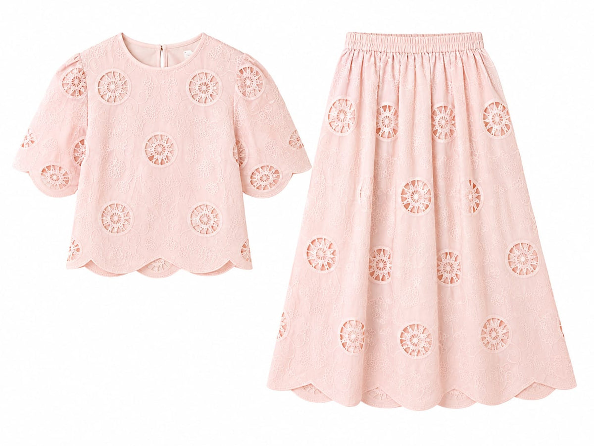 Blush embroidered top & midi skirt co-ord set