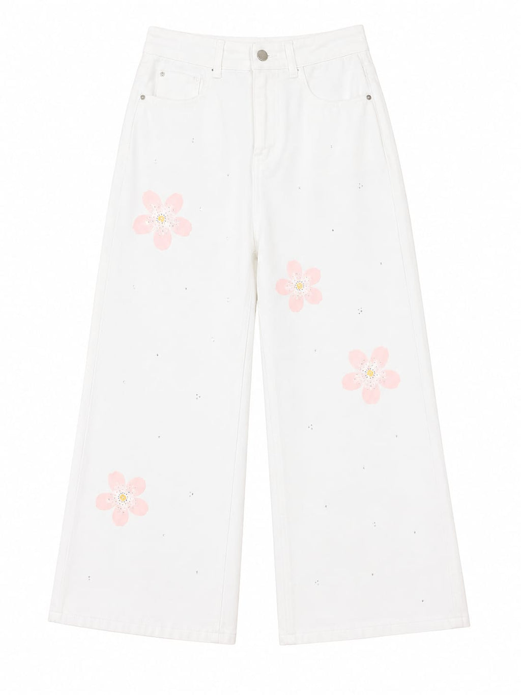 Women floral wide-leg denim  pants-white