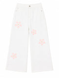 Women floral wide-leg denim  pants-white