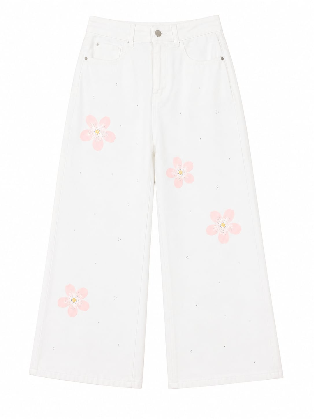 Women floral wide-leg denim  pants-white