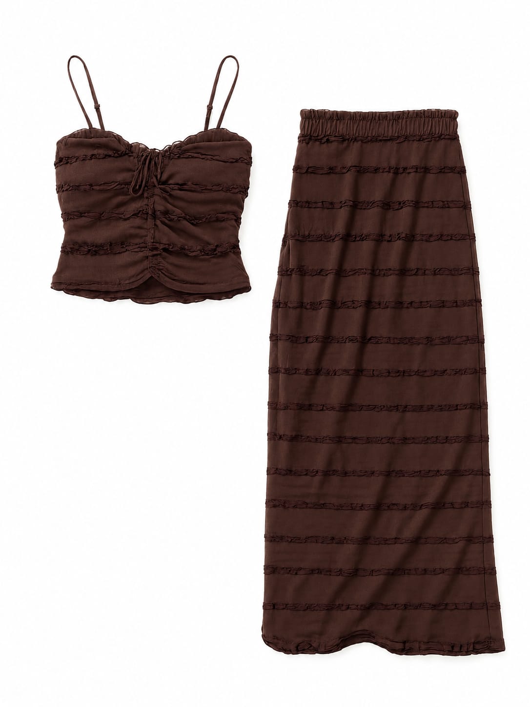 Chocolate ruched cami top& maxi skirt co-ord set