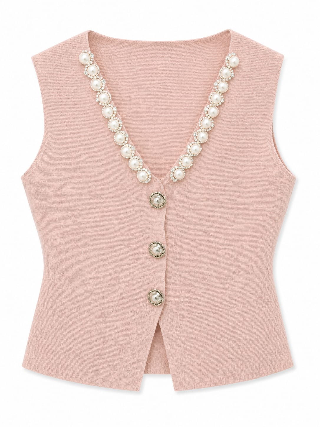 Pearl trim knit vest-blush pink
