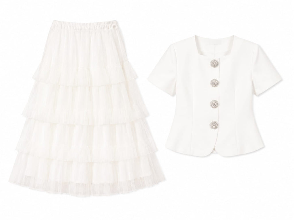 White pearl button blouse & tiered tulle skirt set