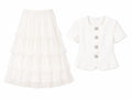 White pearl button blouse & tiered tulle skirt set