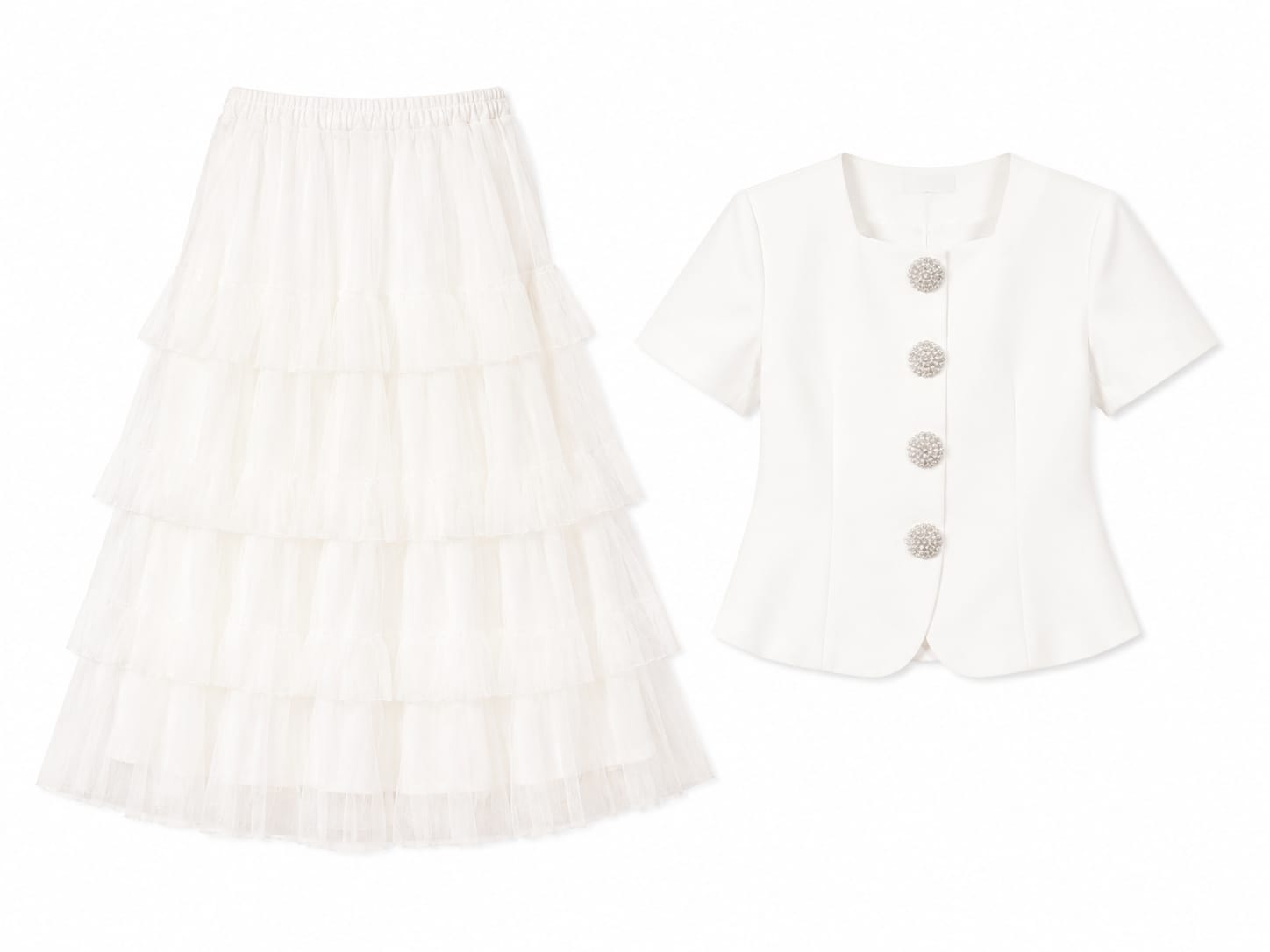 White pearl button blouse & tiered tulle skirt set