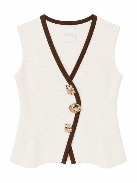Contrast trim knit vest-cream&brown