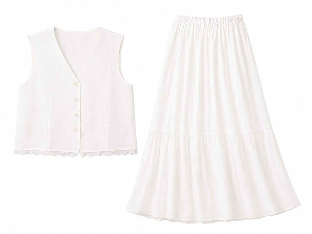 Women white vest& flowy maxi skirt set