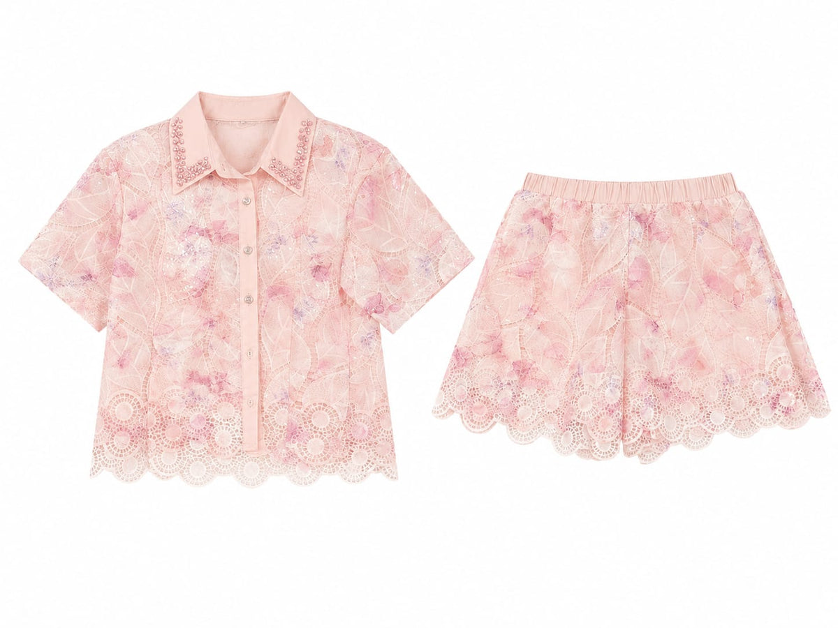 Blush floral lace shirt & shorts set