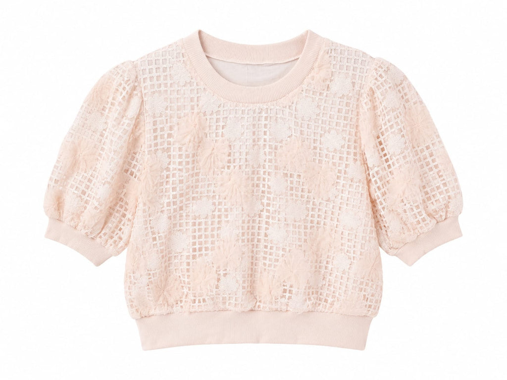 Blush floral lace puff sleeve top