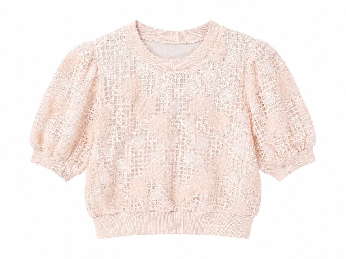 Blush floral lace puff sleeve top