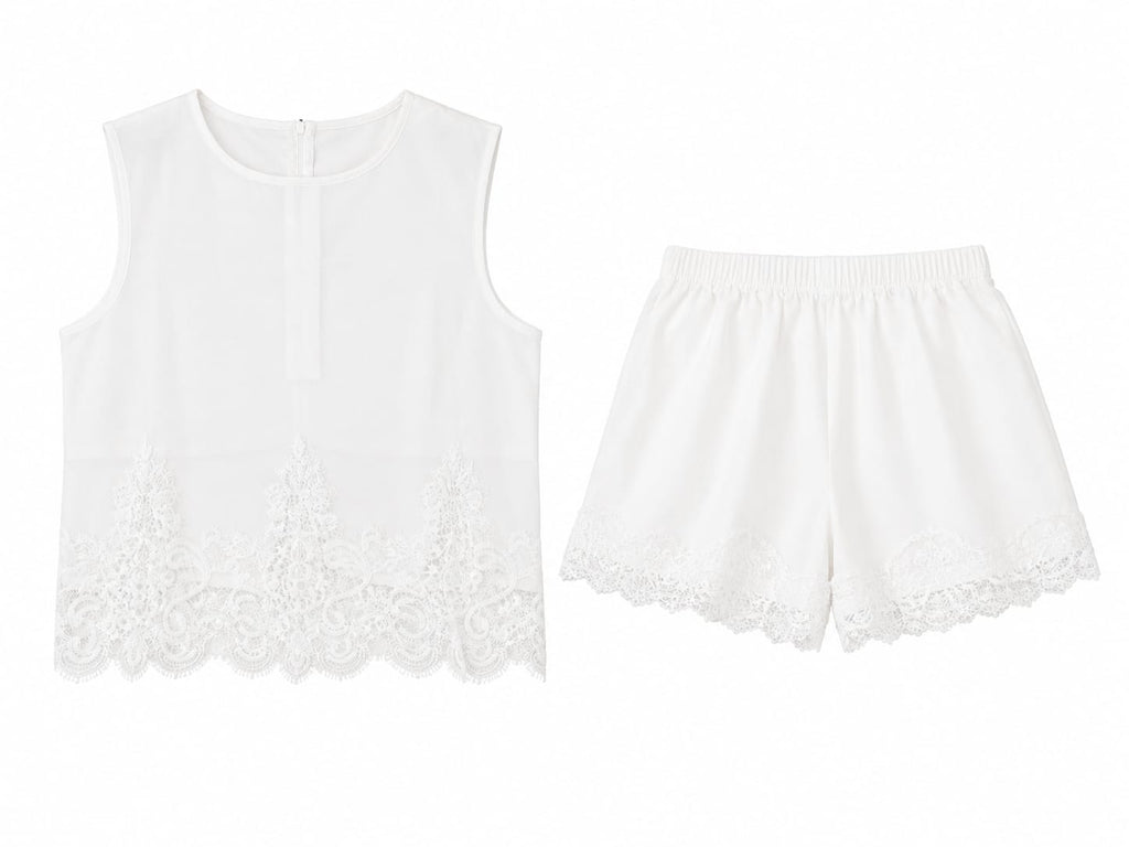 White lace sleeveless top& matching shorts set
