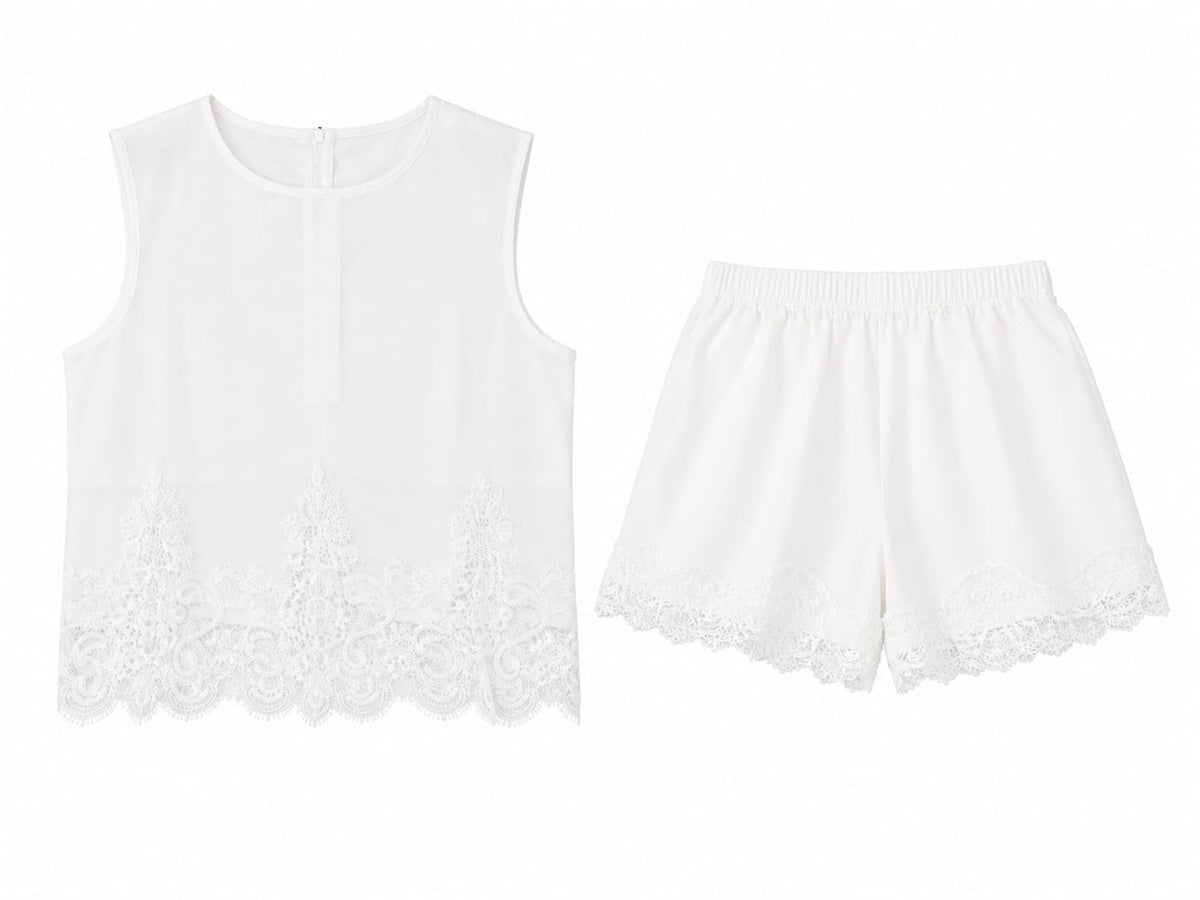 White lace sleeveless top & matching shorts set