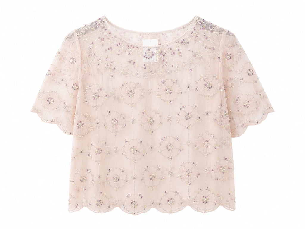 Blush floral beaded mesh top