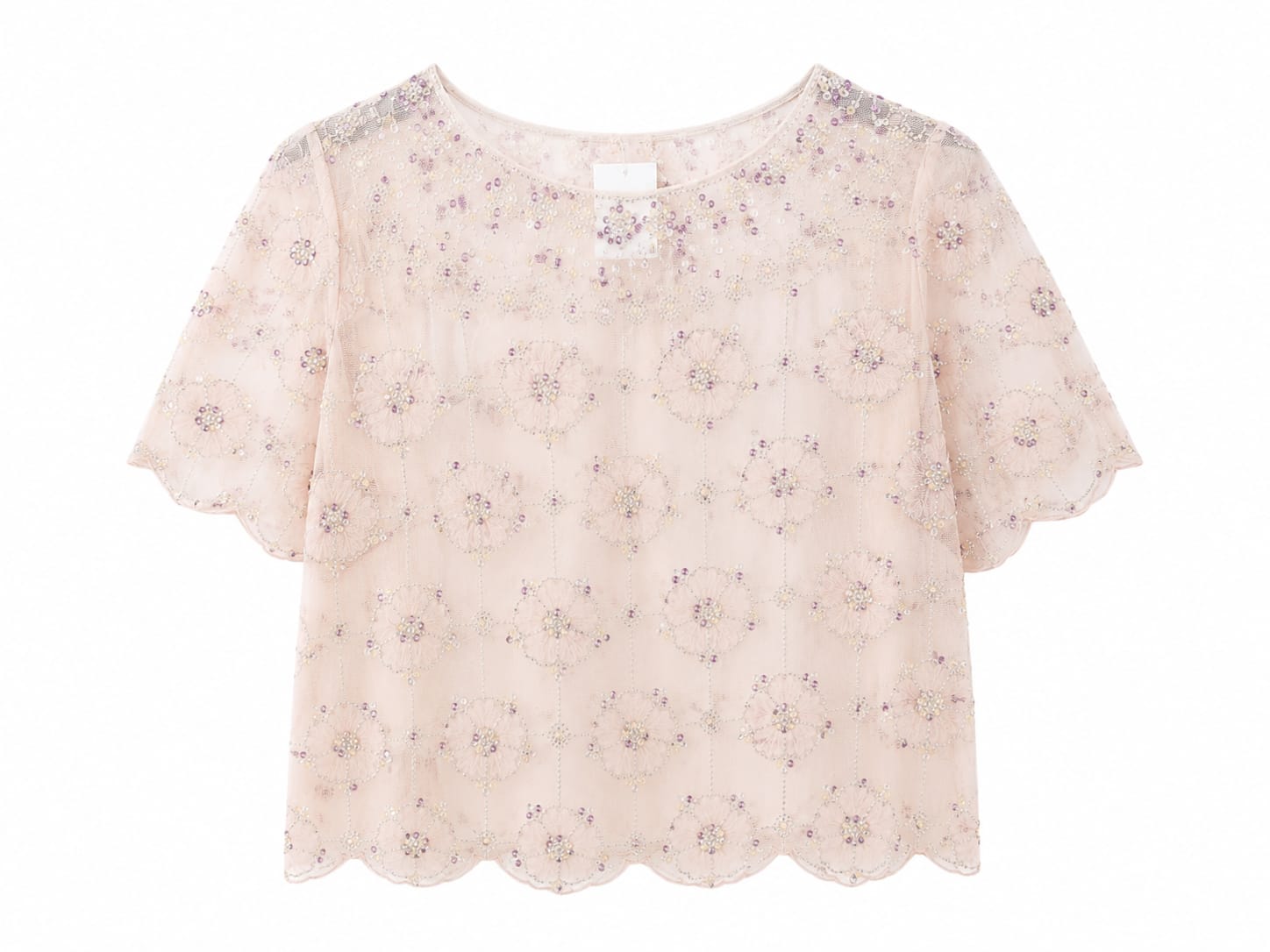 Blush floral beaded mesh top
