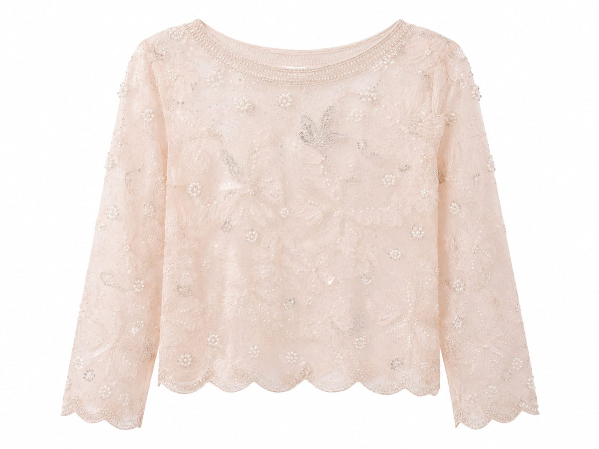 Blush floral embellished sheer blouse