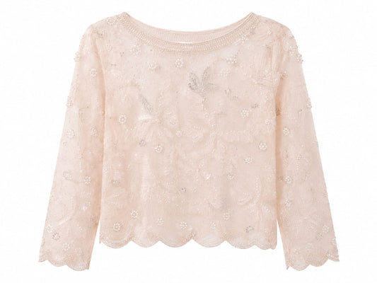 Blush floral embellished sheer blouse