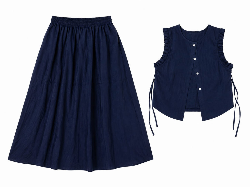 Navy linen tow-piece skirt set