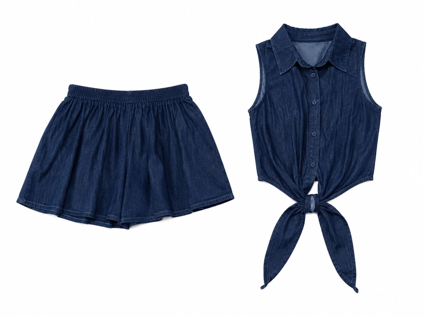 Women denim tie-front top& flared skort set