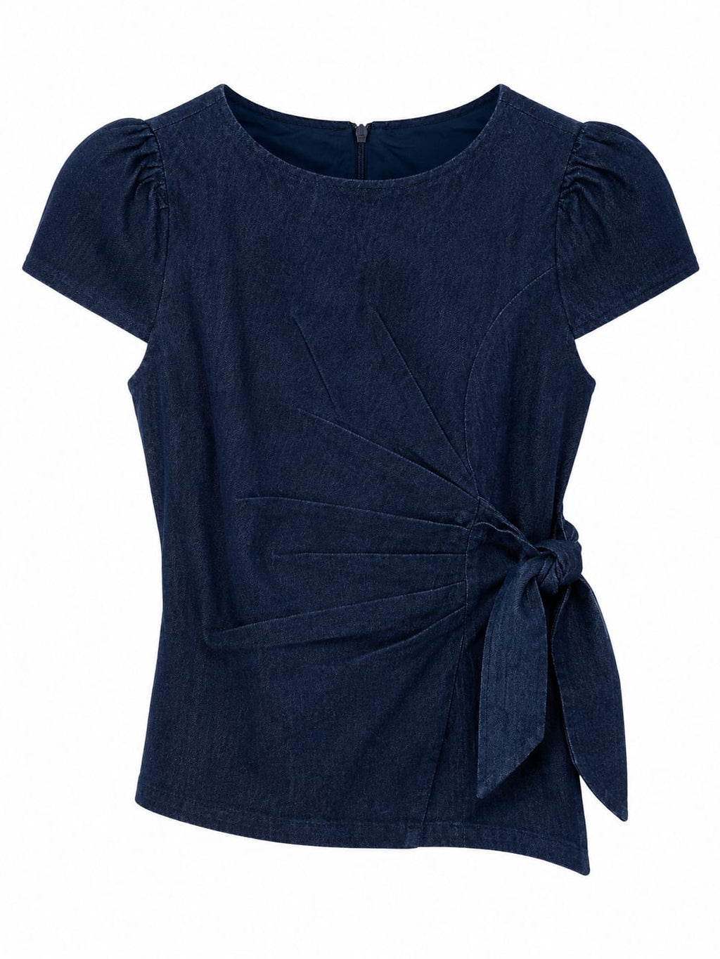 Women navy tie-waist puff sleeve blouse