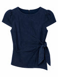 Women navy tie-waist puff sleeve blouse