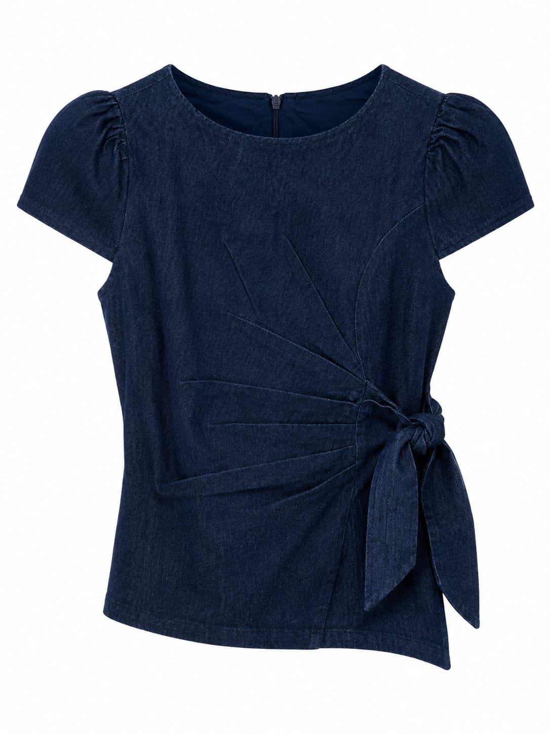 Women navy tie-waist puff sleeve blouse