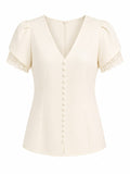 Women elegant v-neck button detsil blouse