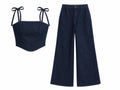 Women denim tie-strap top&wide-leg pants set