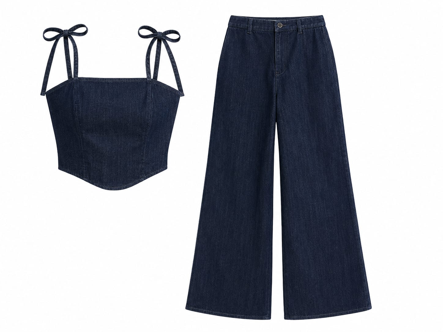 Women denim tie-strap top&wide-leg pants set