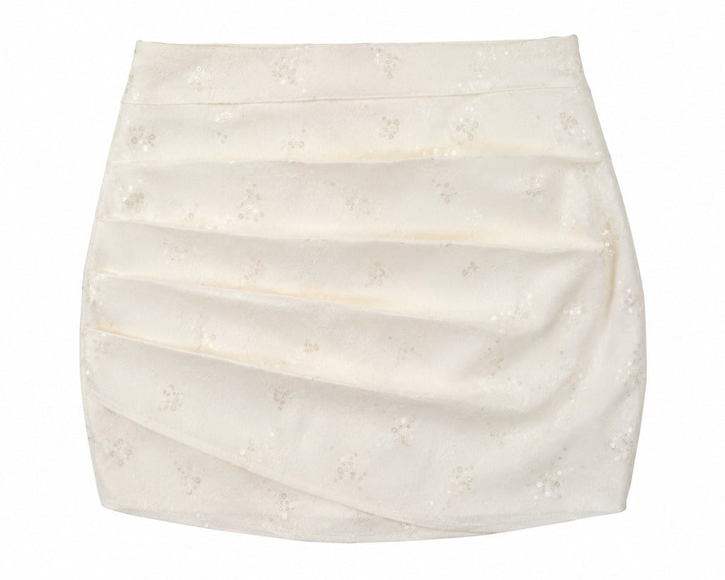Elegant sequin pleated mini skirt-cream white