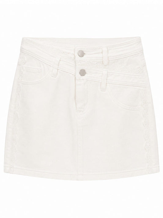 Elegant white lace trim denim mini skirt l