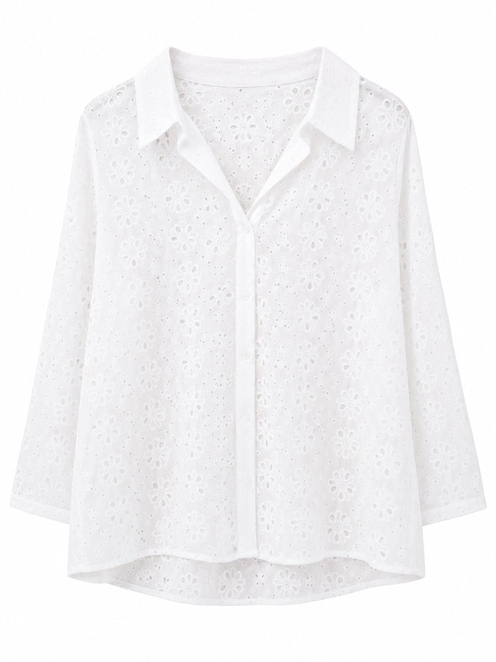 Elegant white floral eyelet button-up blouse