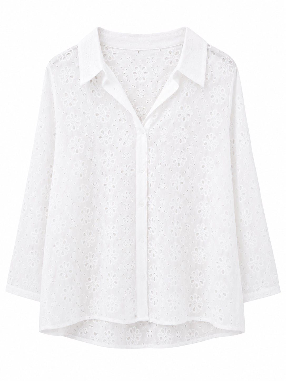 Elegant white floral eyelet button-up blouse