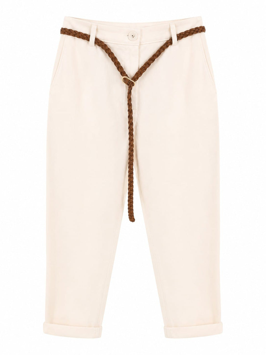 Elegant white tapered pants with braided blet