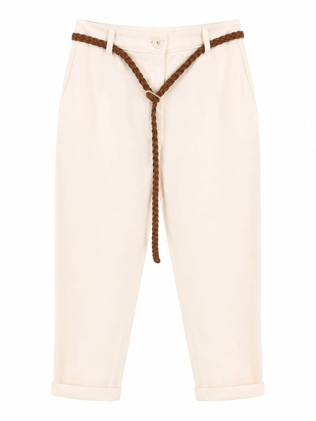 Elegant white tapered pants with braided blet