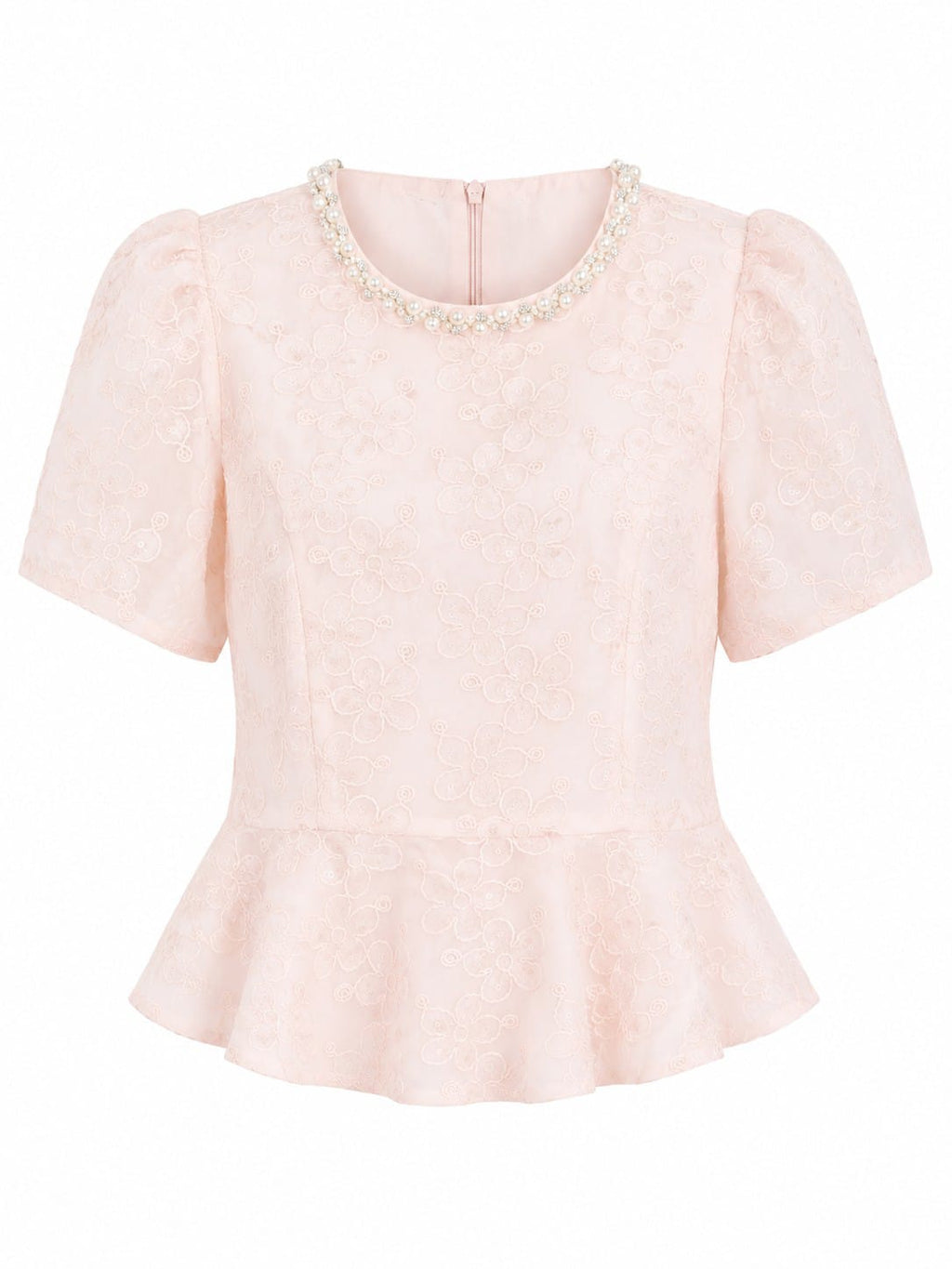 Blush floral embroidered peplum blouse