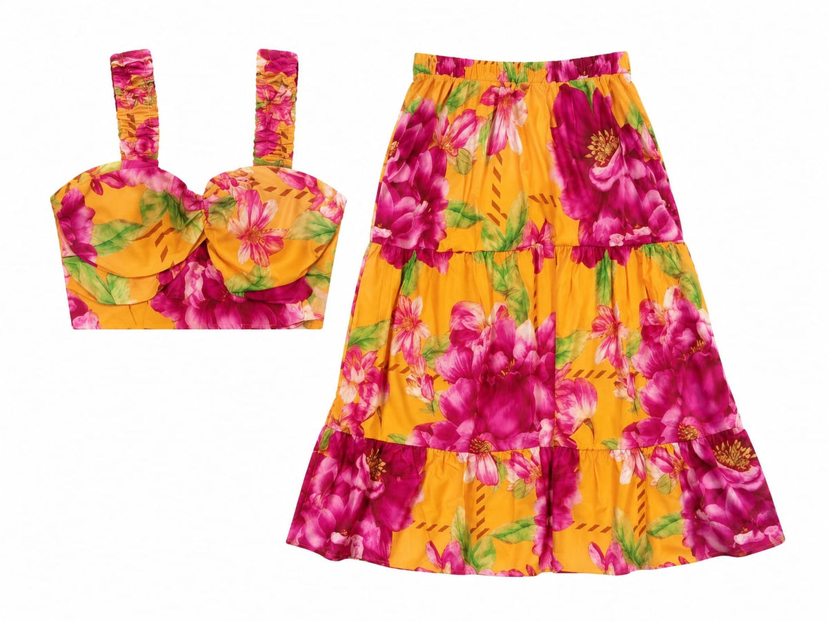 Women floral crop top & tiered maxi skirt set