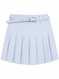 Women light blue pleated mini skirt with blet