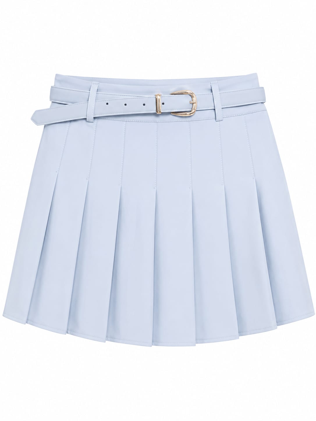 Women light blue pleated mini skirt with belt