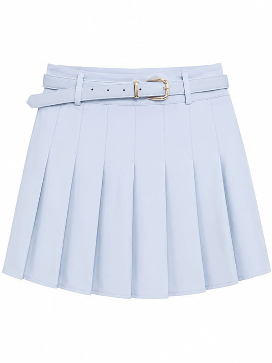 Women light blue pleated mini skirt with belt