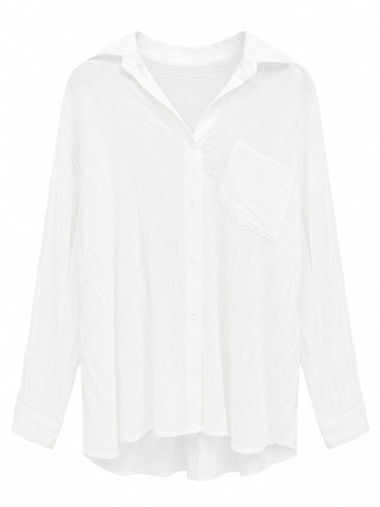 Women white textured oversized button-up shirt