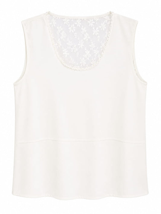 Women white lace yoke sleeveless blouse