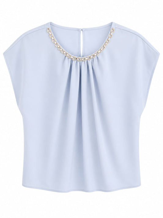 Women light blue chain neck blouse