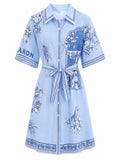 Women blue printed belted shirt dress
