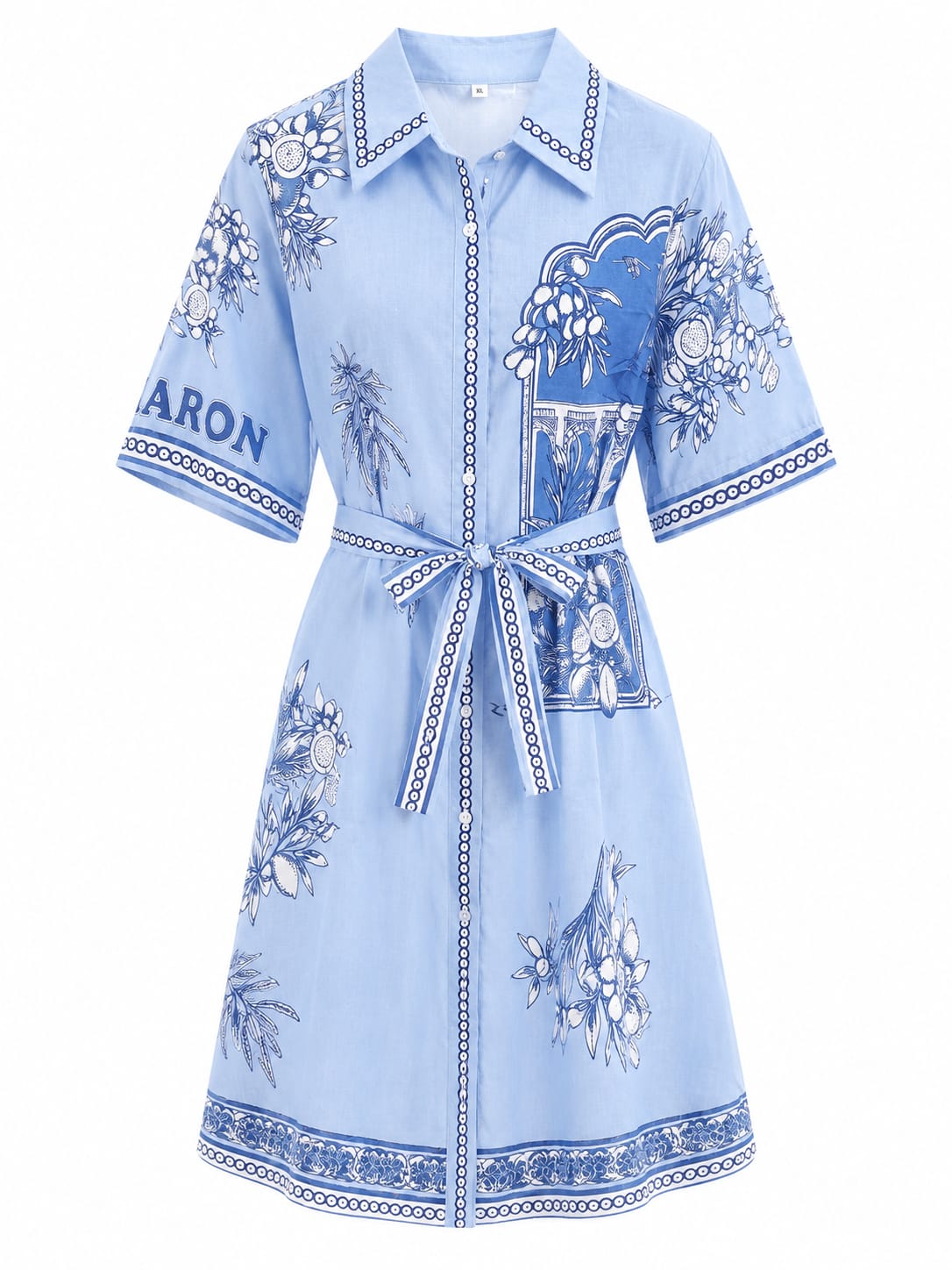 Women blue printed belted shirt dress