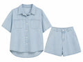 Women light wash denim shirt& shorts set