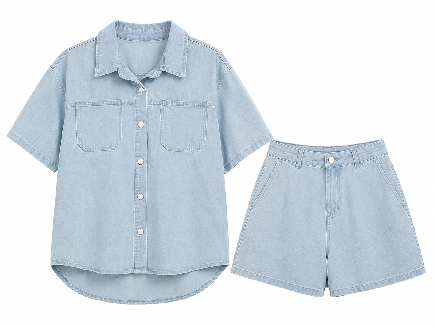 Women light wash denim shirt& shorts set